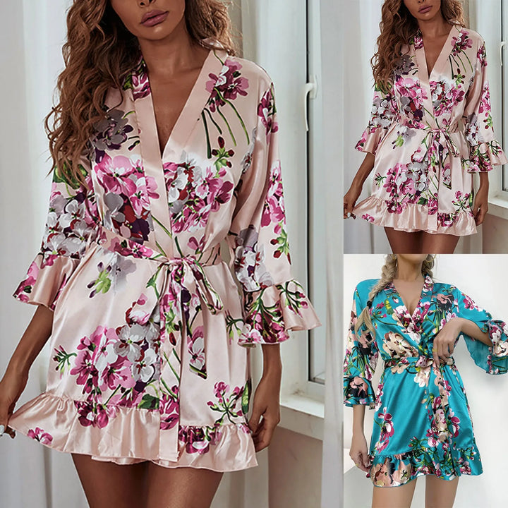 Women Floral Print Nightwear Sexy Nightgown Lingerie Ladies Satin Pajamas Bathrobe With Belt Cardigan Sleepwear Nightgowns