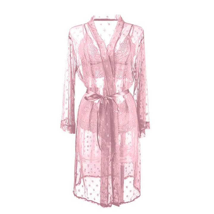 3-Piece Sheer Lace Lingerie Set with Kimono Robe – Bra, Panty & Robe for Women