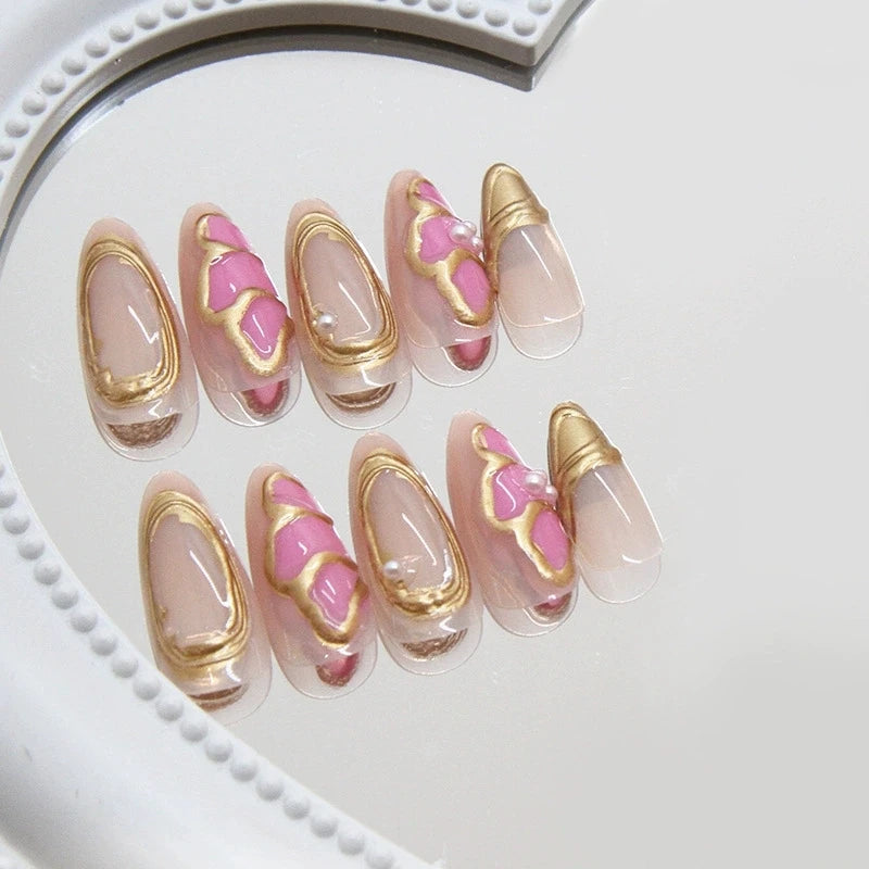 Pink Almond Butterfly Ballet False Nails – 24pcs French Design Press-On Set
