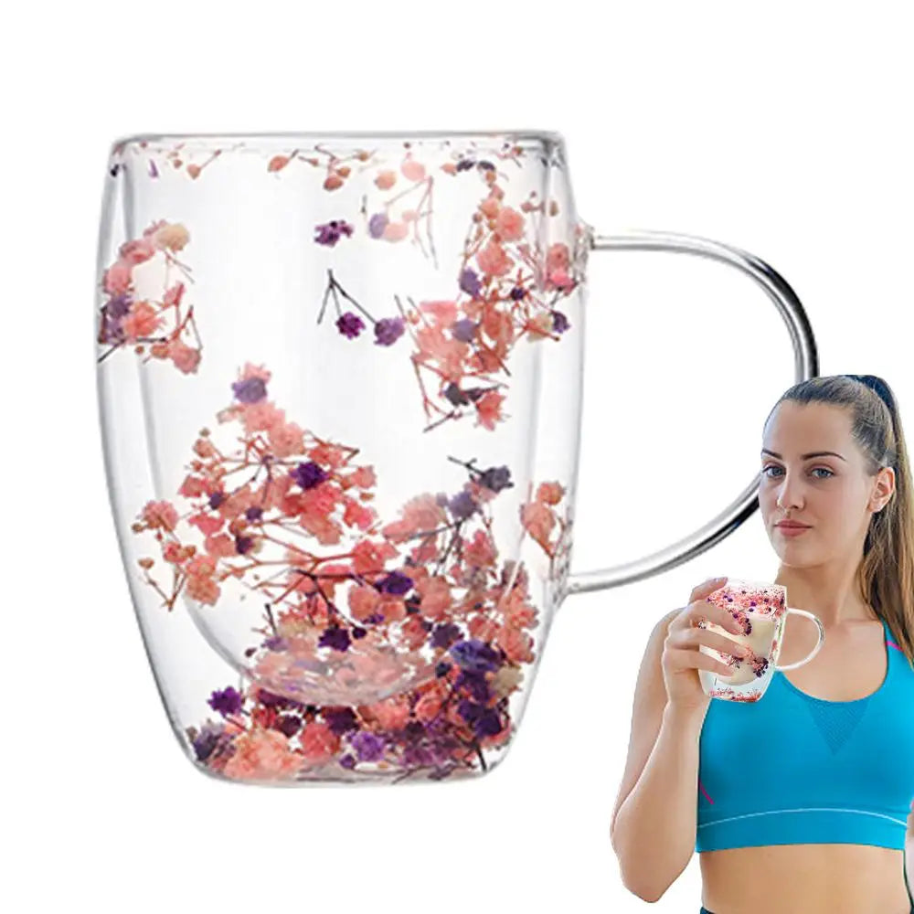 BlossomGlow Double Wall Glass Mug – 350ml Dried Flower Infusion
