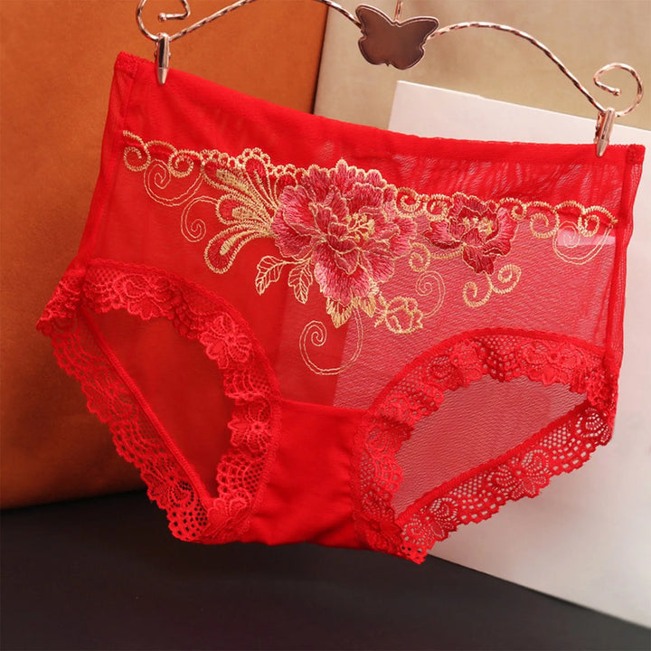 Plus Size Sheer Lace Embroidered Panties – High-Rise Seamless Briefs for Women
