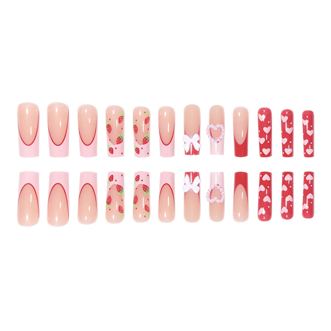 24Pcs Pink Strawberry Press-On Nails – Glossy Reusable False Nails for Women, Artificial Manicure Set