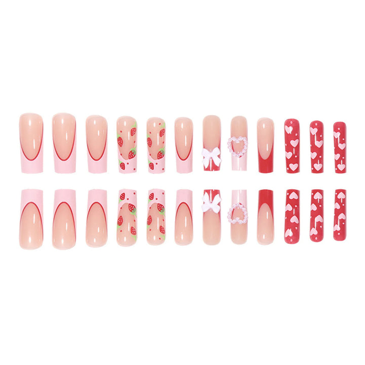 24Pcs Pink Strawberry Press-On Nails – Glossy Reusable False Nails for Women, Artificial Manicure Set