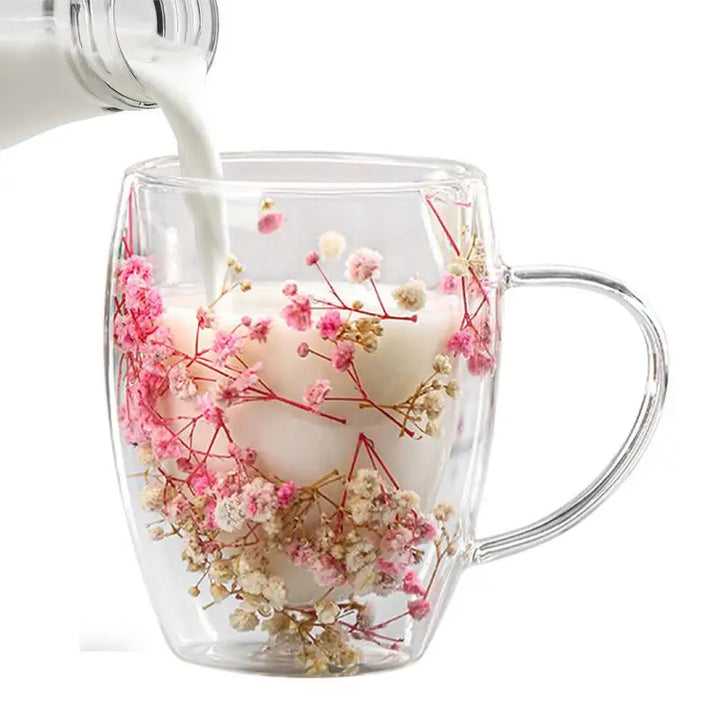 BlossomGlow Double Wall Glass Mug – 350ml Dried Flower Infusion