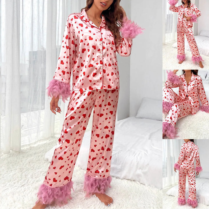 Women’s Satin Pajama Set – Heart Print Button-Down Loungewear with Feather Trim Long Sleeve Top & Pants