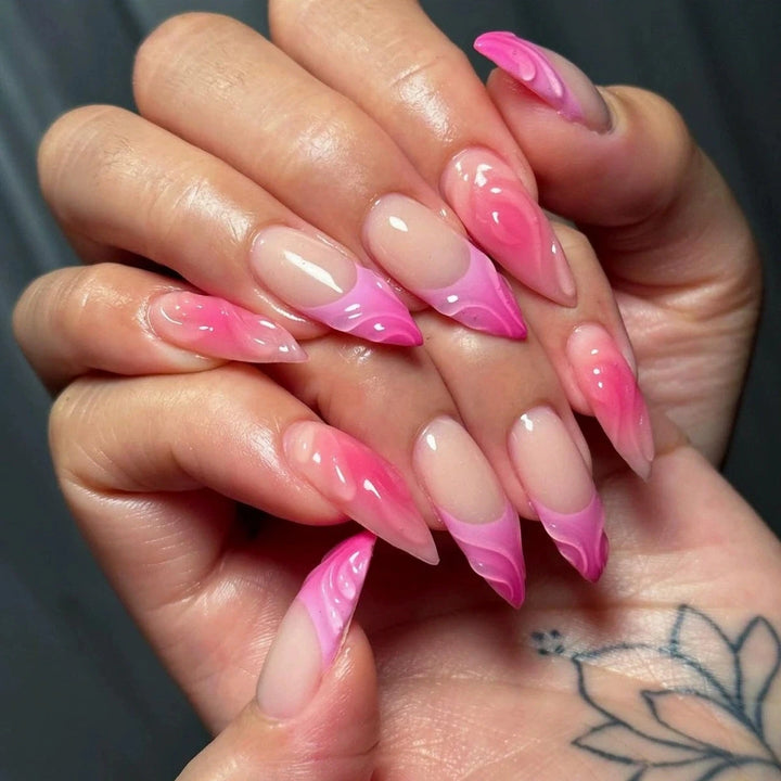 Pink Almond Butterfly Ballet False Nails – 24pcs French Design Press-On Set