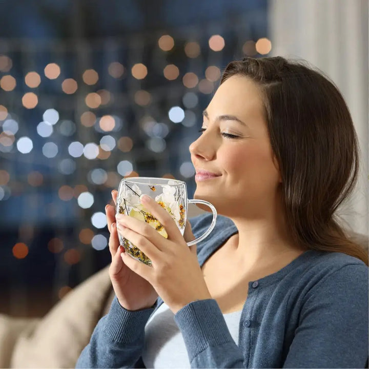 BlossomGlow Double Wall Glass Mug – 350ml Insulated Elegance