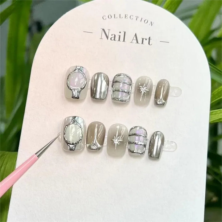 Y2K Metallic Black & Pink Handmade Press-On Nails – Short French Tip Acrylic False Nails – Super Cool Retro Style