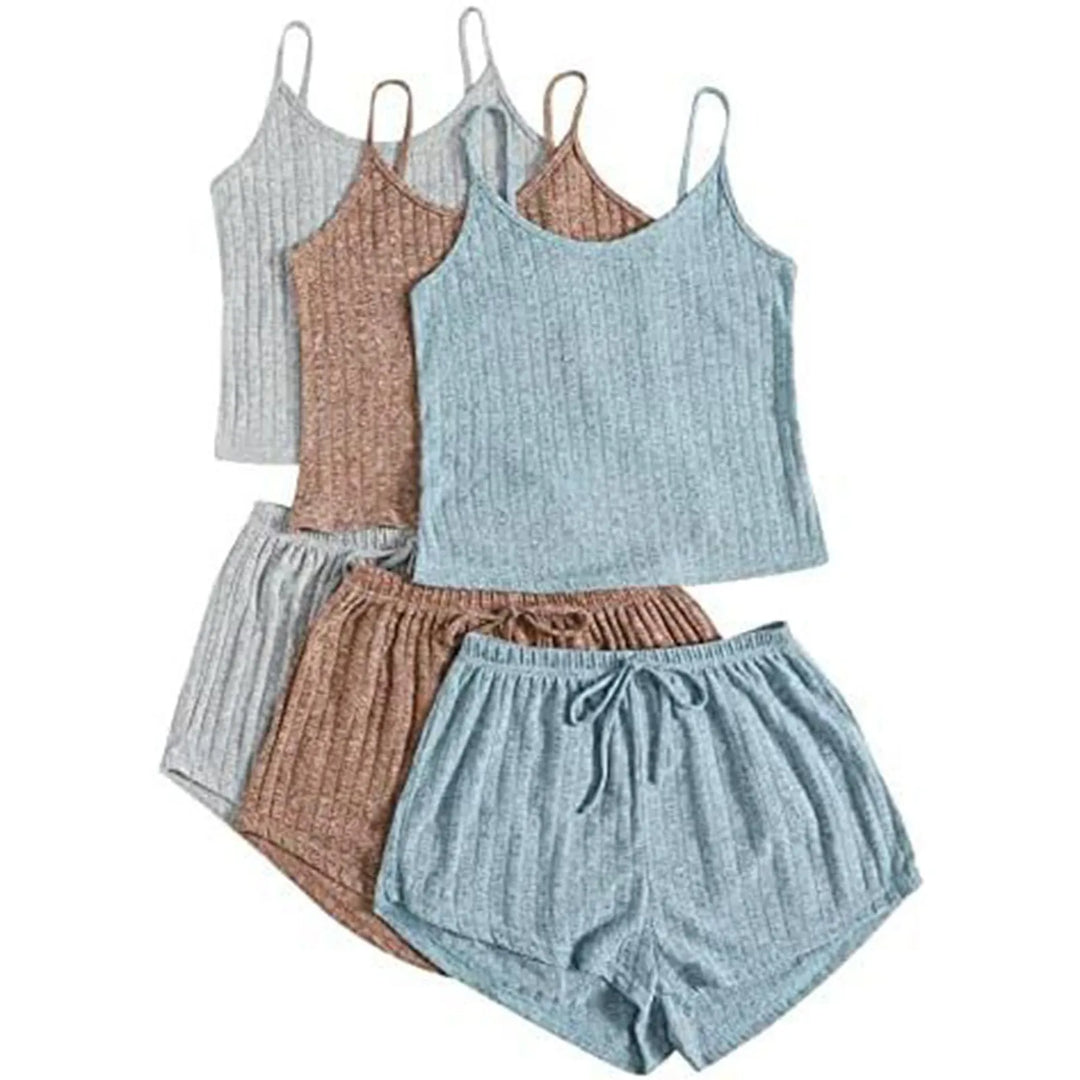 DreamEase™ 3-Piece Ribbed Pajama Set – Crop Top, Tie-Front Shorts & Lounge Pants