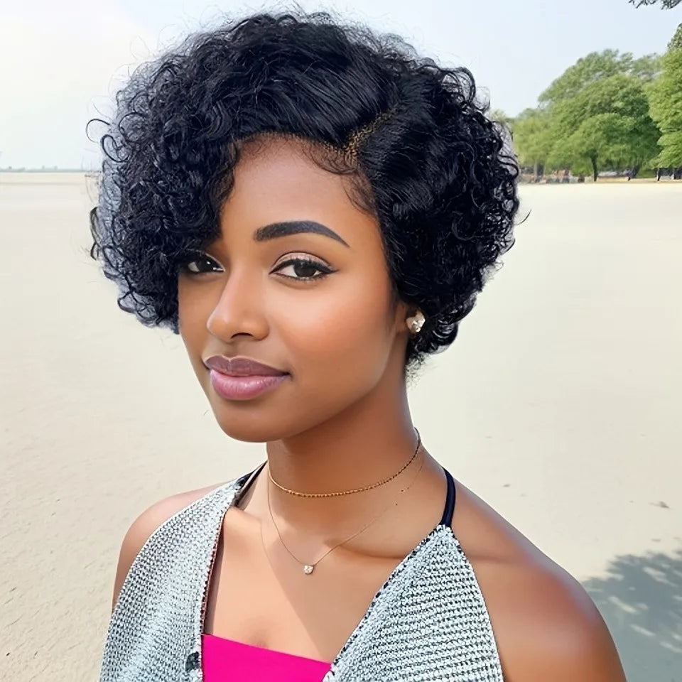 Curly Grace Lace Pixie – 6” Natural Black Curly Human Hair Wig