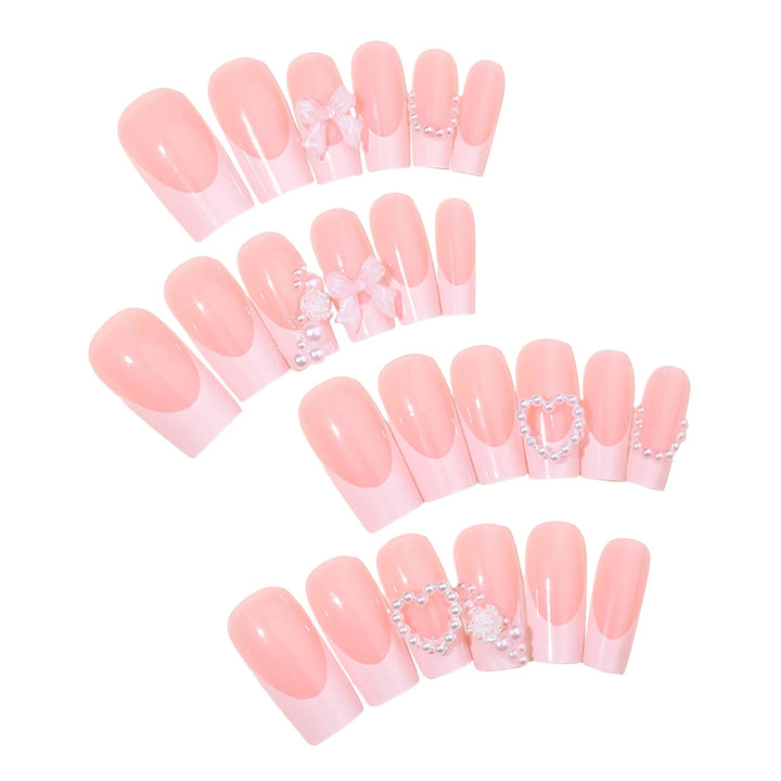 Nude Press-On Nails with Pearl Decor – Sweet & Charming Reusable Resin False Nails for DIY Manicures