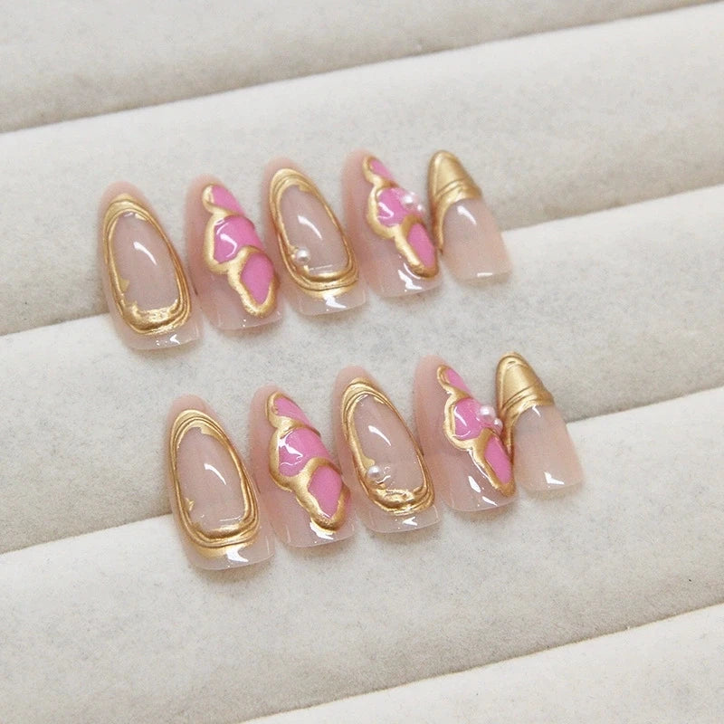 Pink Almond Butterfly Ballet False Nails – 24pcs French Design Press-On Set