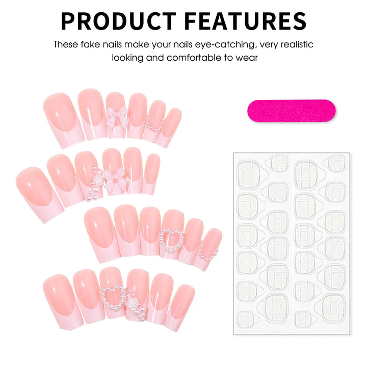 Nude Press-On Nails with Pearl Decor – Sweet & Charming Reusable Resin False Nails for DIY Manicures