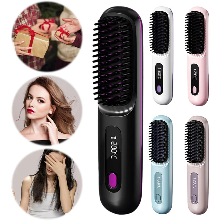 FreedomFlow Cordless Heat Brush – Rechargeable 3-Temp Straightening Comb
