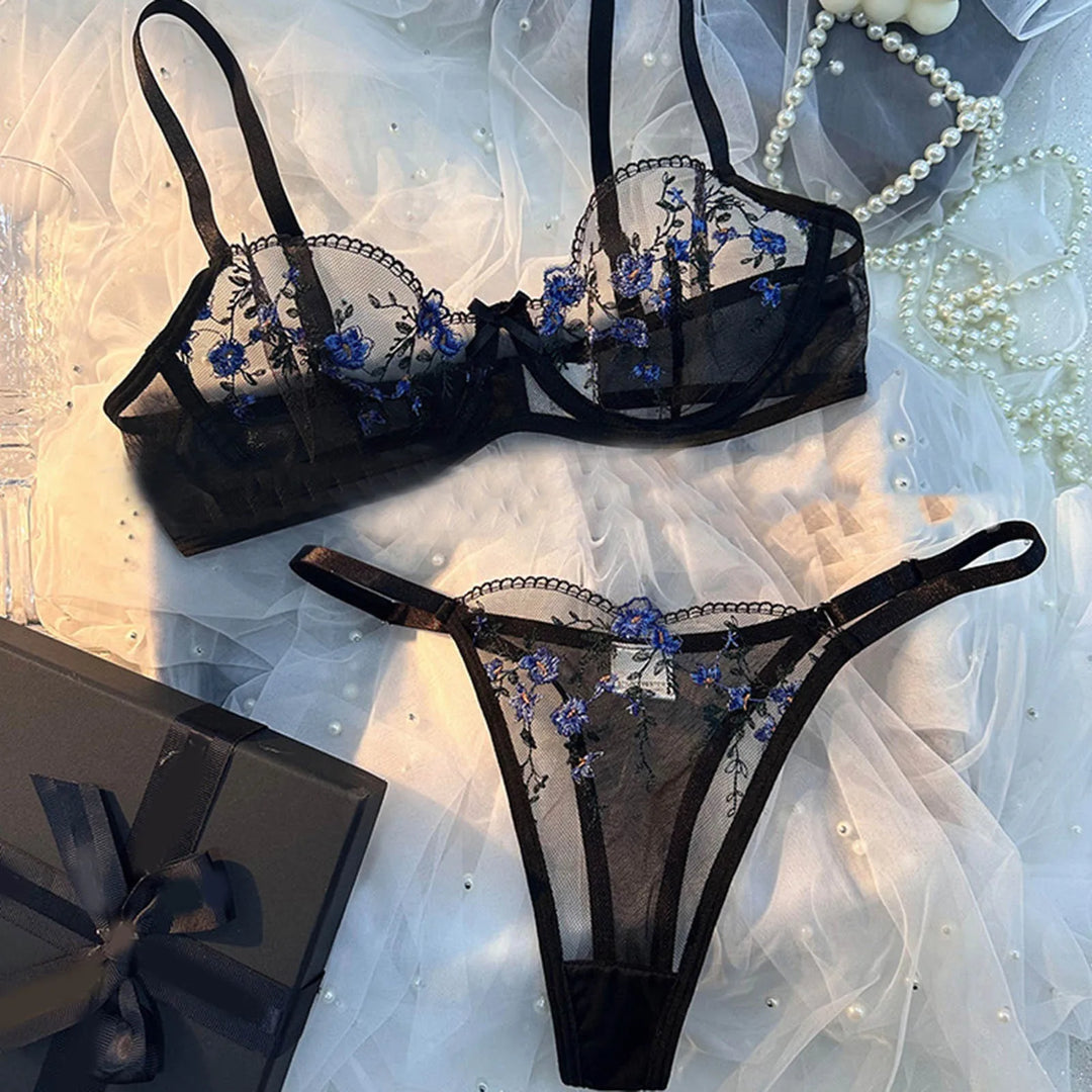 Women’s Elegant Floral Lace Lingerie Set – Sheer Embroidered Mesh Bra & Panty