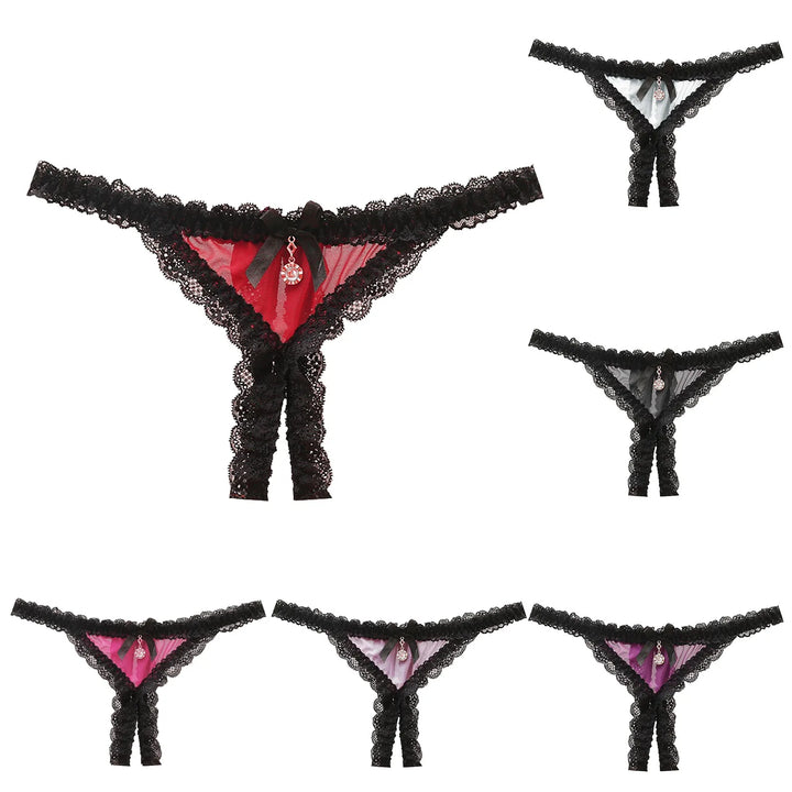 Open Crotch Lace T-Back Thong – Low Waist Crotchless Panty with Pendant Accent