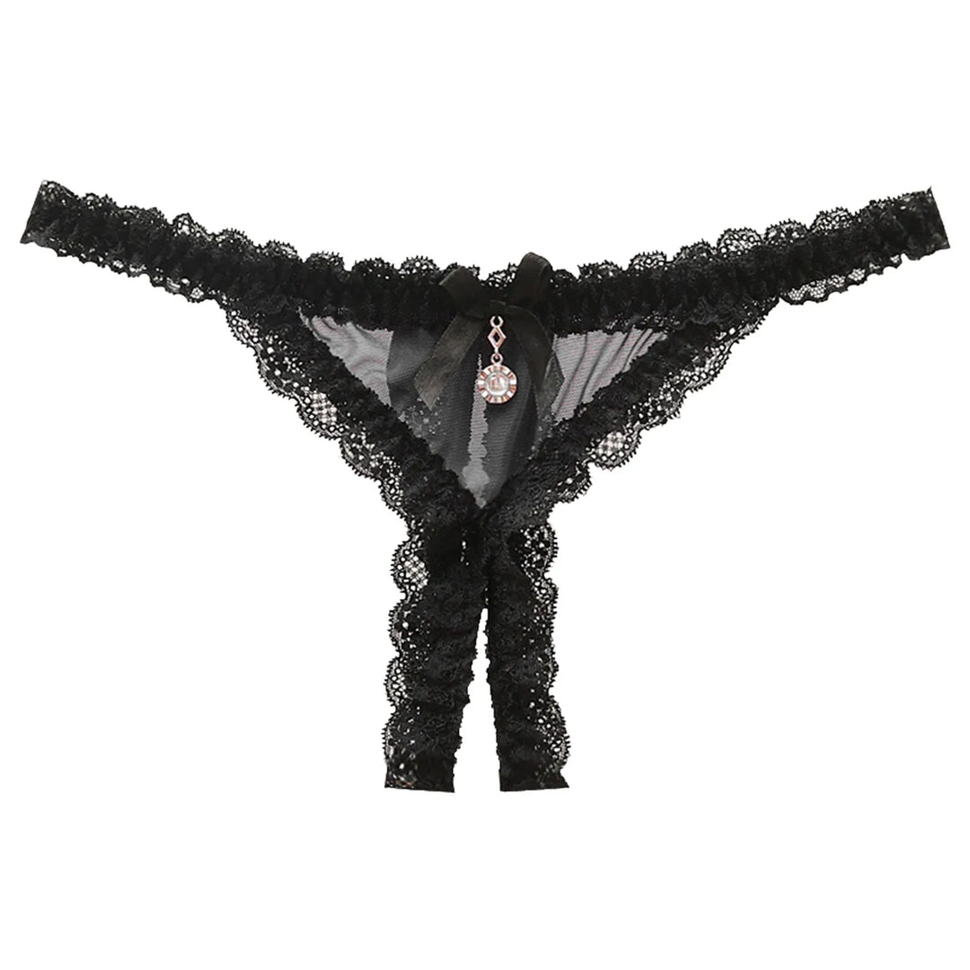 Open Crotch Lace T-Back Thong – Low Waist Crotchless Panty with Pendant Accent