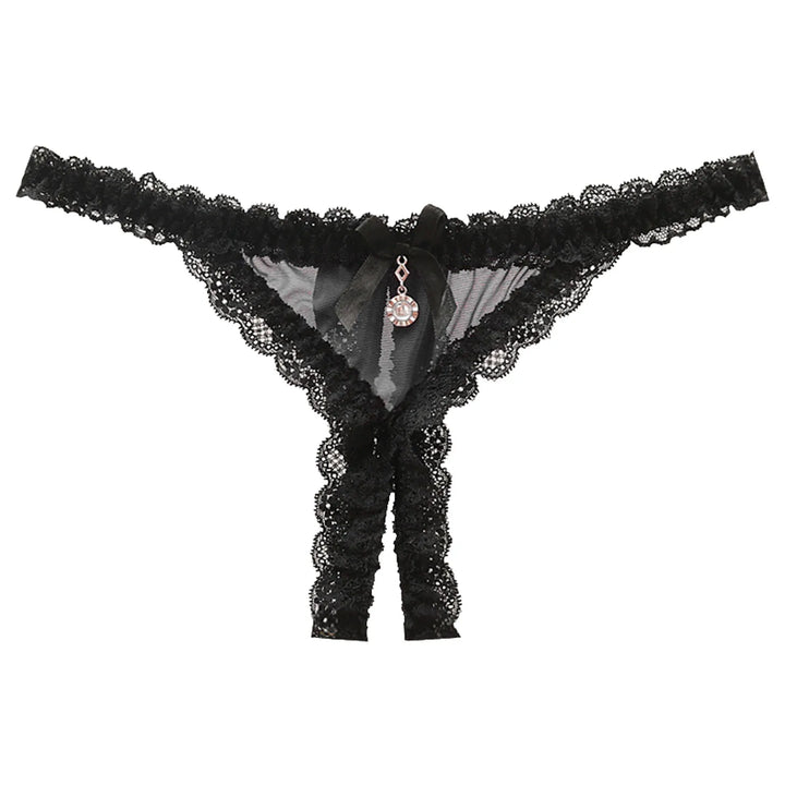 Open Crotch Lace T-Back Thong – Low Waist Crotchless Panty with Pendant Accent