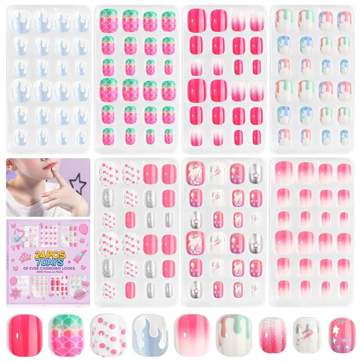 168Pcs Kids Press-On Nails – 7 Pack Glitter Gradient Star Design, Short Acrylic Tips, Pre-Glued for Easy Application – Christmas & Birthday Gift Set for Girls Ages 8–12