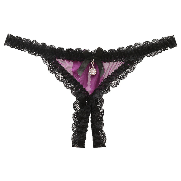 Open Crotch Lace T-Back Thong – Low Waist Crotchless Panty with Pendant Accent