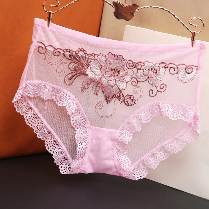 Plus Size Sheer Lace Embroidered Panties – High-Rise Seamless Briefs for Women