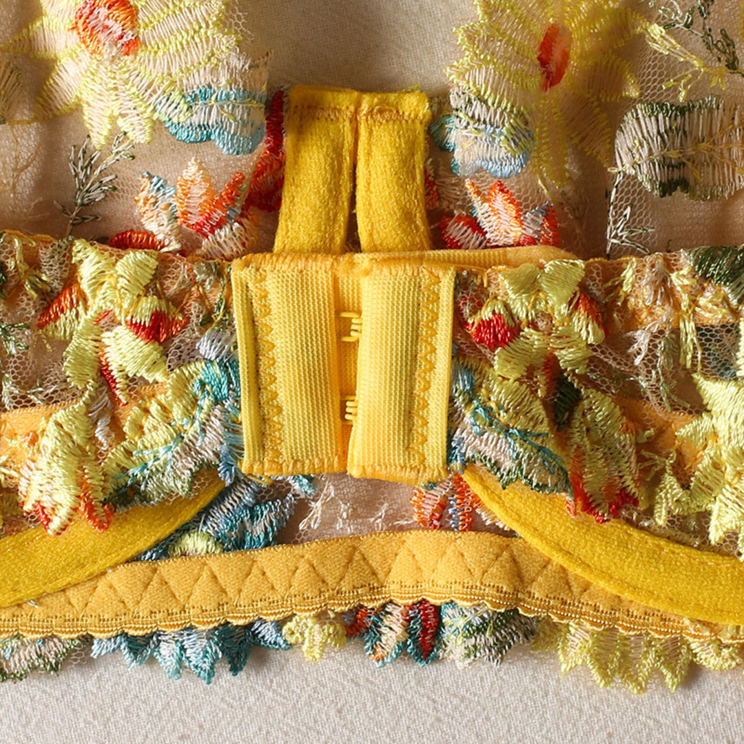 Golden Bloom – Sheer Yellow Flower Embroidered Lingerie Set