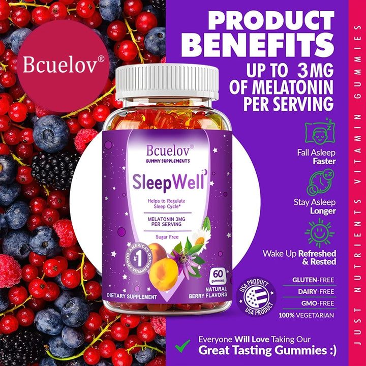 Bcuelov Sleep Gummies – Melatonin, Passionflower, Chamomile & Lemon Extract – Fight Insomnia, Relieve Stress, Support Immunity (60 Gummies)