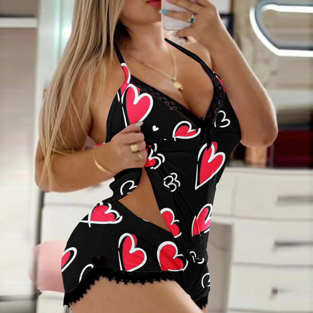 Midnight Romance™ Love-Print Lace Pajama Set  2-Piece Deep V Cami & Hot Shorts Sleepwear Ensemble