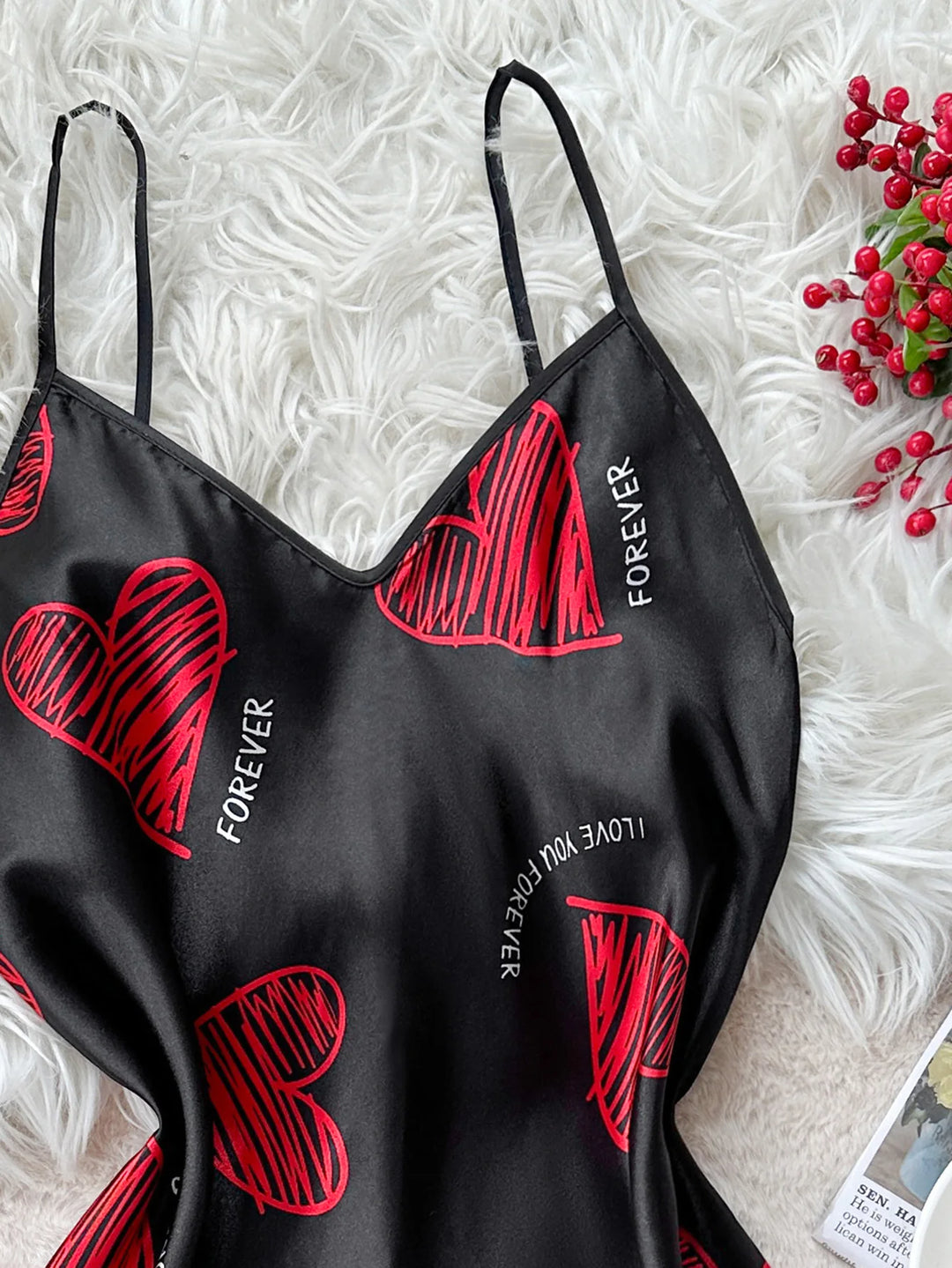 Midnight Kiss™ Satin Slip Nightdress  Red Lip Print Backless Mini Sleepwear