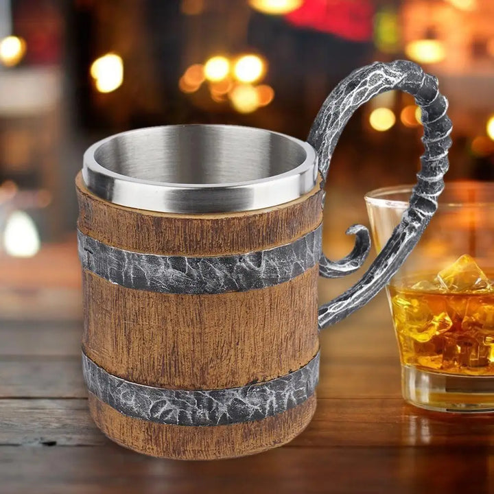 BarrelMuse™ Retro Wood-Style Insulated Mug – Stainless Steel Interior (Single Cup)