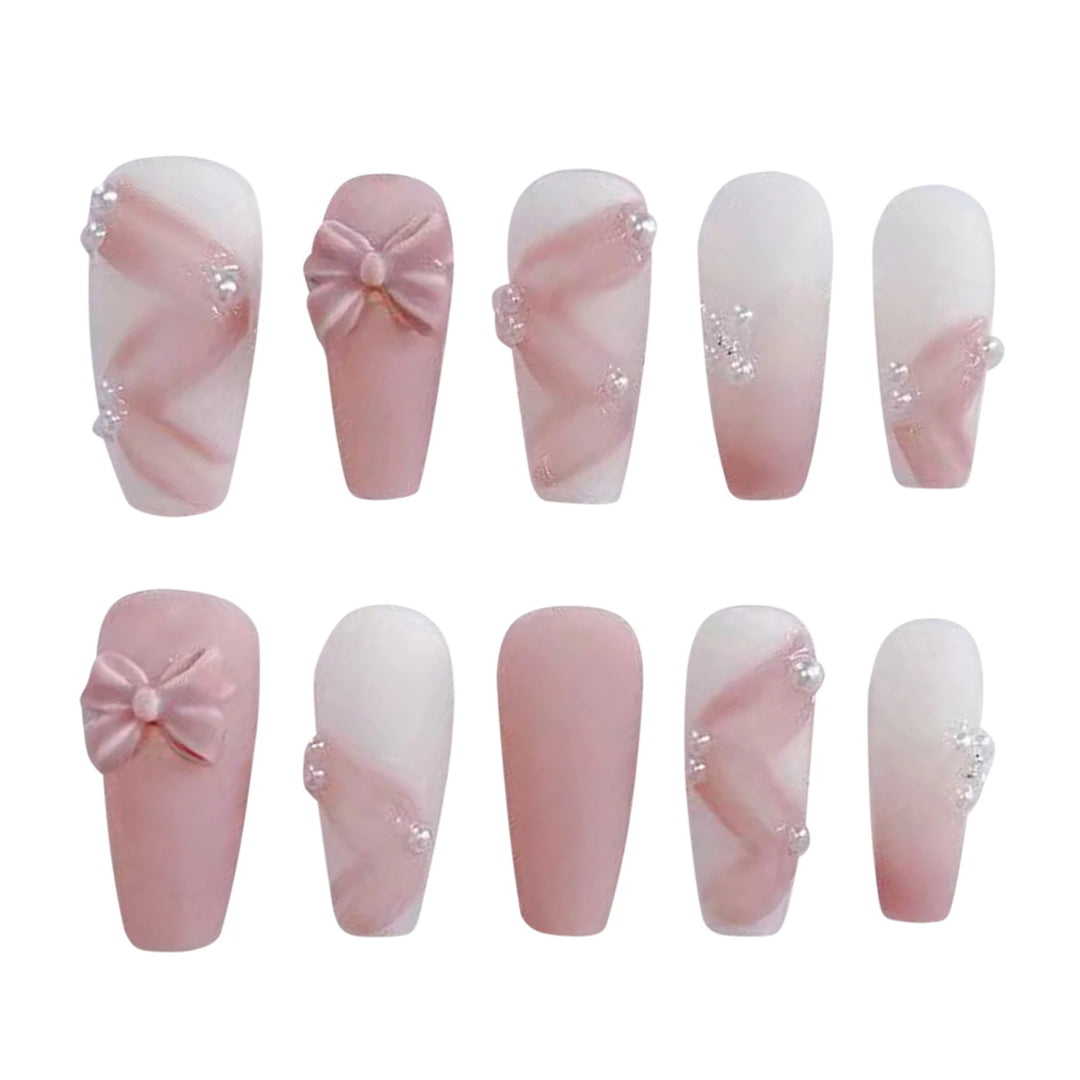 10pcs Gentle Pink False Nails with Pearl & 3D Bow Decor – Ultra-Flexible, Long-Lasting Resin Press-On Nails for Women & Girls