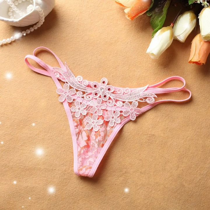 Floral Embroidered Lace G-String – Strappy Low-Waist Hipster Thong for Women