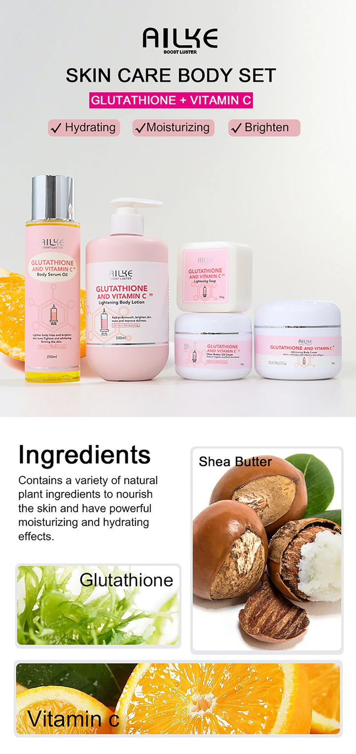 AILKE Luxe Brightening & Moisturizing Body Care Set – Glutathione, Vitamin C & Shea Butter