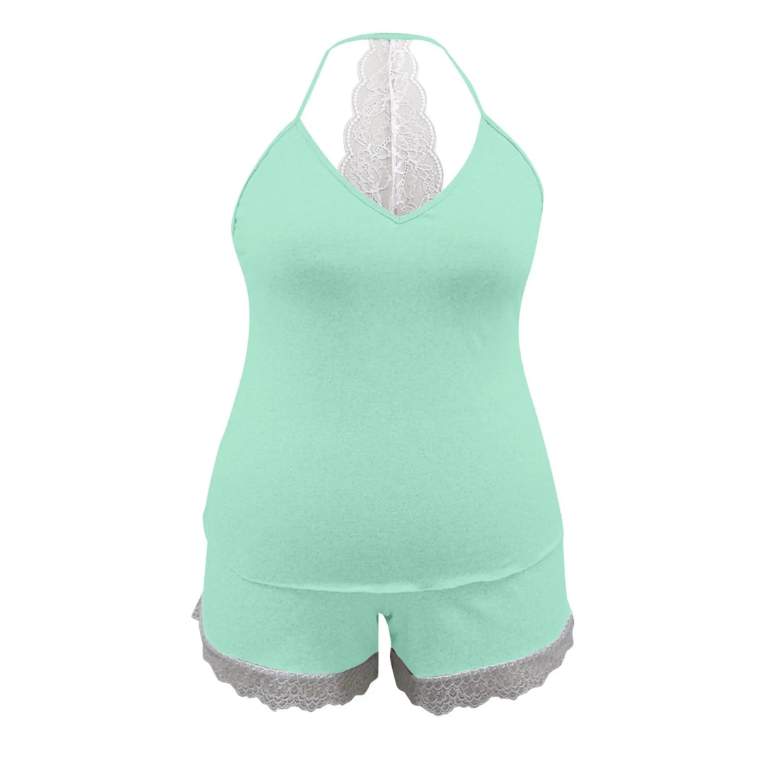 Plus Size Women’s Pajama Set – Lace Trim Sleeveless Top & Shorts 2-Piece Sleepwear for Summer