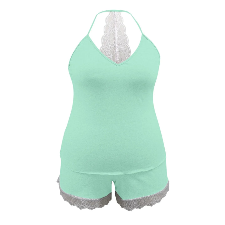 Plus Size Women’s Pajama Set – Lace Trim Sleeveless Top & Shorts 2-Piece Sleepwear for Summer