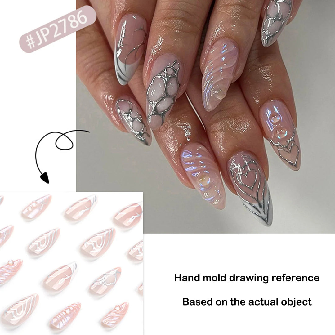 Mid-length French Press-on Nails with Silver Heart Accent – Gentle Pink & White Fade-resistant Artificial Nails – 24pcs
