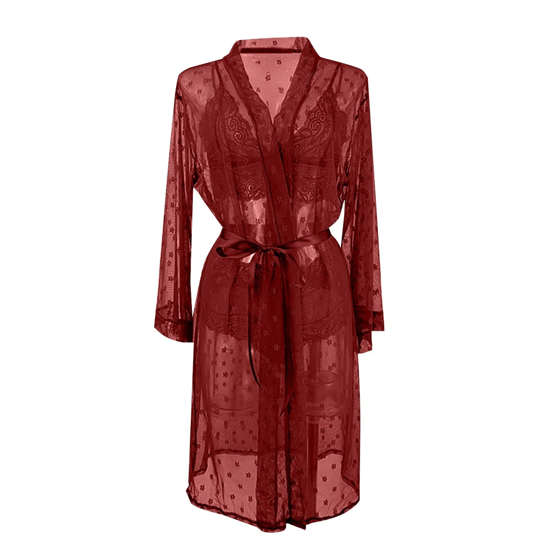 3-Piece Sheer Lace Lingerie Set with Kimono Robe – Bra, Panty & Robe for Women