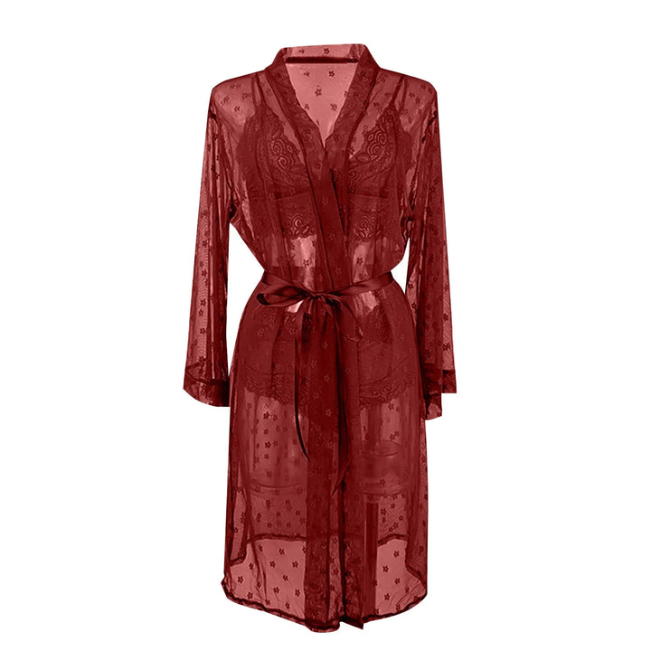 3-Piece Sheer Lace Lingerie Set with Kimono Robe – Bra, Panty & Robe for Women