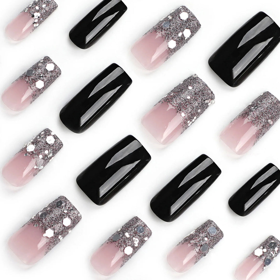 24pcs Black & Nude Squoval Nail Tips – Long Square Ombre Artificial Nails – Removable Resin Manicure Set