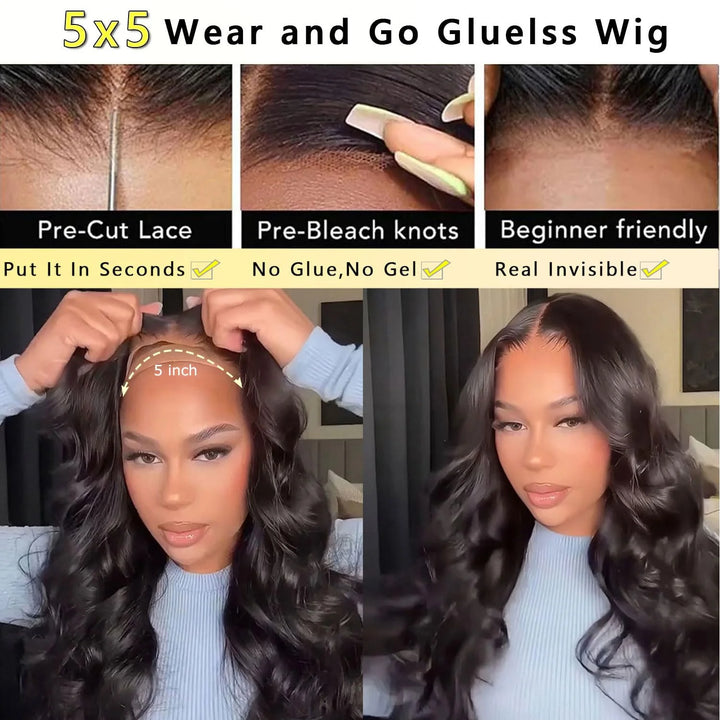 Ready-to-Wear Body Wave Wig – 100% Human Hair with Glueless Lace Closure
