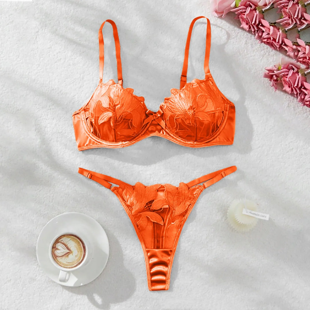 2-Piece Embroidered Lace Lingerie Set – Satin & Mesh Elegance