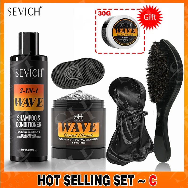 3.53oz Biotin Waves Control Pomade For Men Sevich Sport Strong Hold Wave Hair Gel With Brush Wavy Hair Oil Shampoo Conditioner