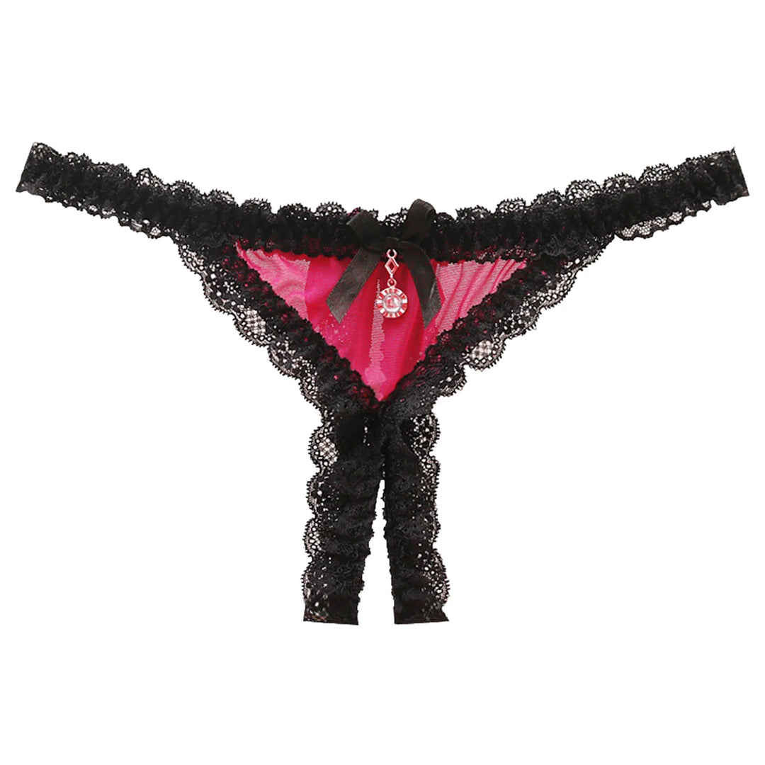 Open Crotch Lace T-Back Thong – Low Waist Crotchless Panty with Pendant Accent