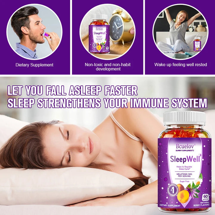 Bcuelov Sleep Gummies – Melatonin, Passionflower, Chamomile & Lemon Extract – Fight Insomnia, Relieve Stress, Support Immunity (60 Gummies)
