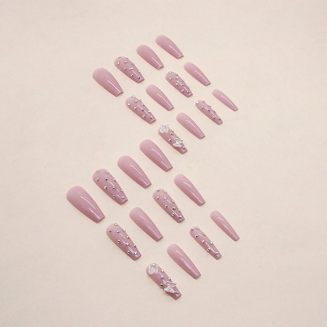 24pcs Long Ballerina Glossy Press-On Nails – Rhinestone & 3D Butterfly Design, Reusable Resin False Nails for Women