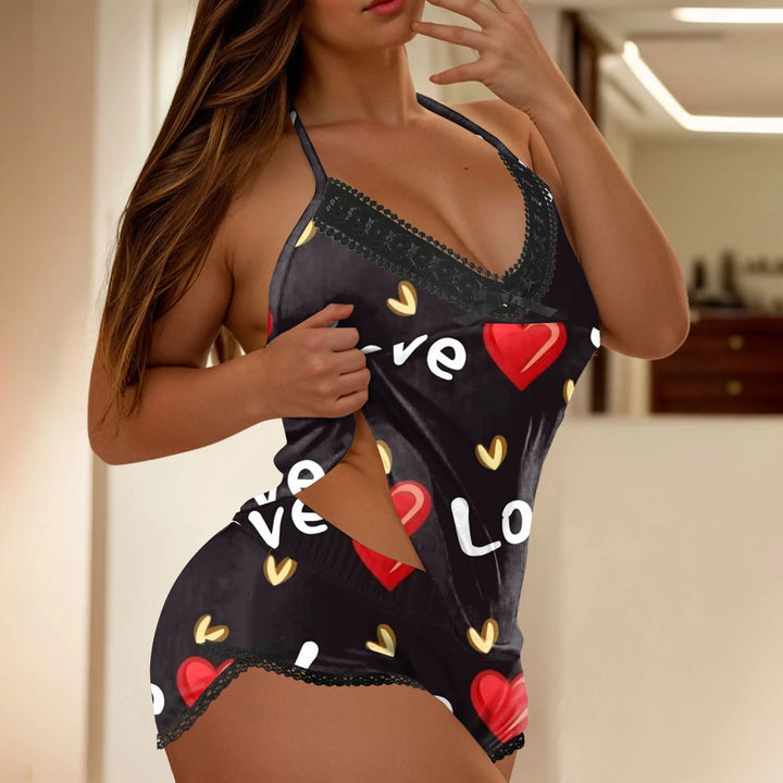 Women’s Sexy Lace Backless Pajama Set – 2-Piece Printed Camisole & Pants Sleepwear (Plus Sizes Available)