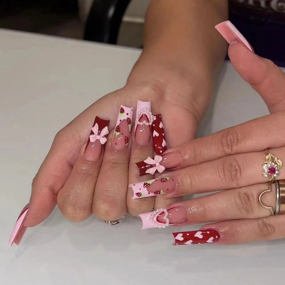 24Pcs Pink Strawberry Press-On Nails – Glossy Reusable False Nails for Women, Artificial Manicure Set