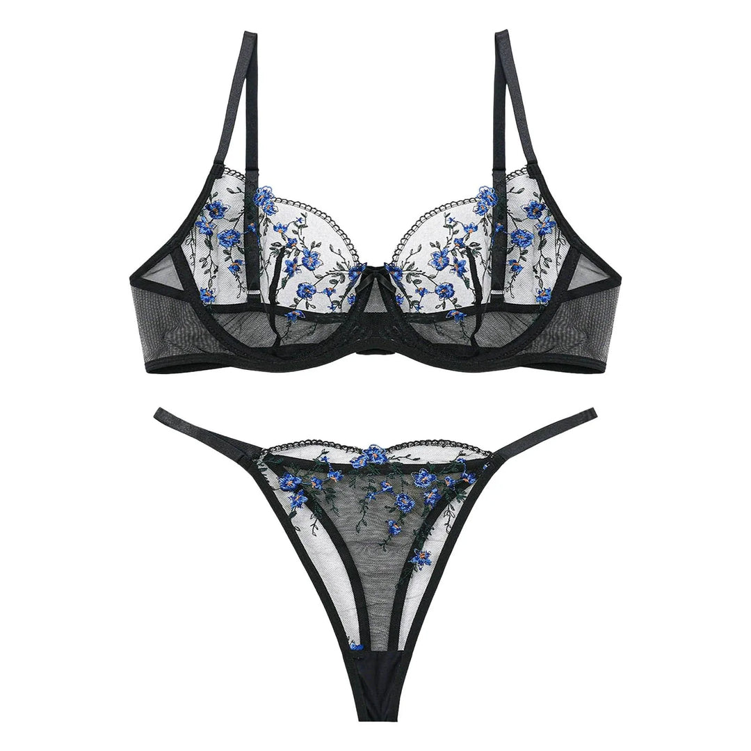 Women’s Elegant Floral Lace Lingerie Set – Sheer Embroidered Mesh Bra & Panty