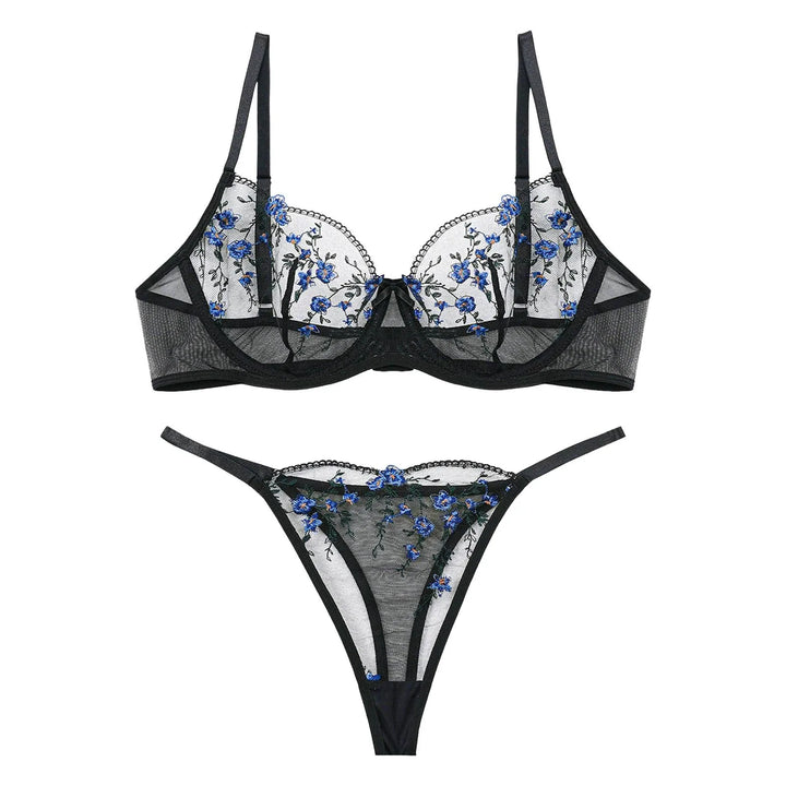 Women’s Elegant Floral Lace Lingerie Set – Sheer Embroidered Mesh Bra & Panty