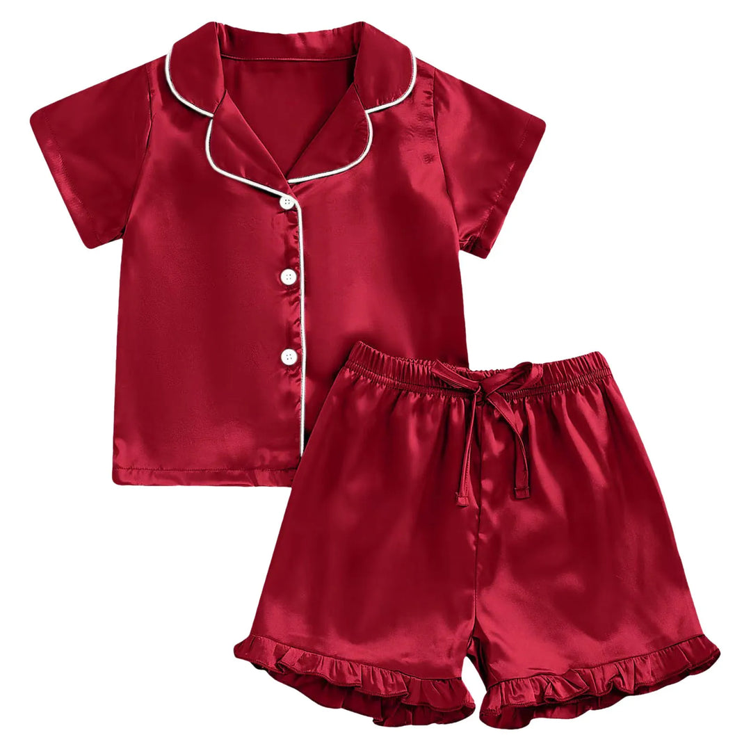 FeatherDreams™ Toddler Satin Pajama Set – Short Sleeve with Feather Trim  For Ages 1–13 Years | Lightweight, Silky & Adorable